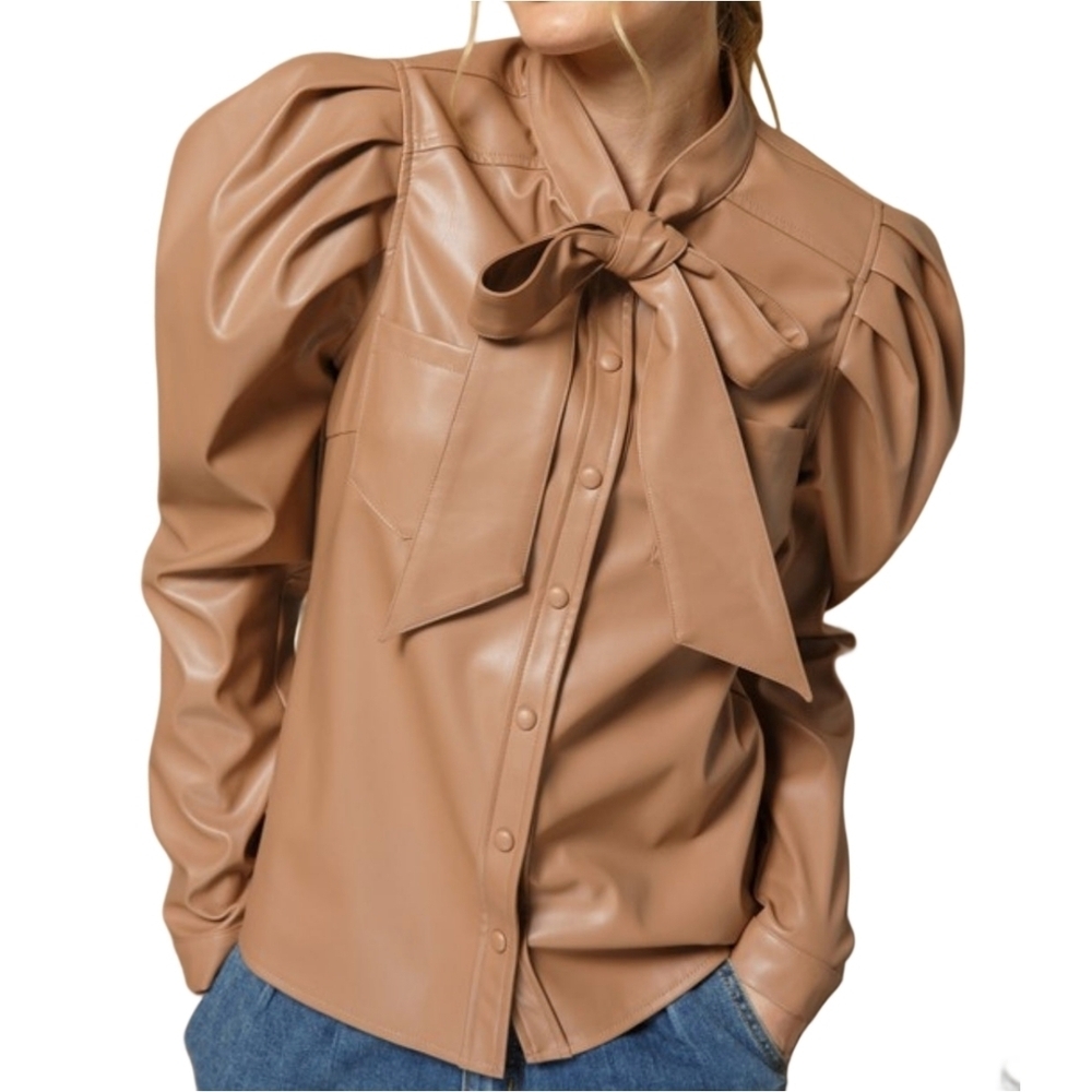Aaron & Amber Leather Brown Faux Vegan Leather Snap Button Top Size Medium